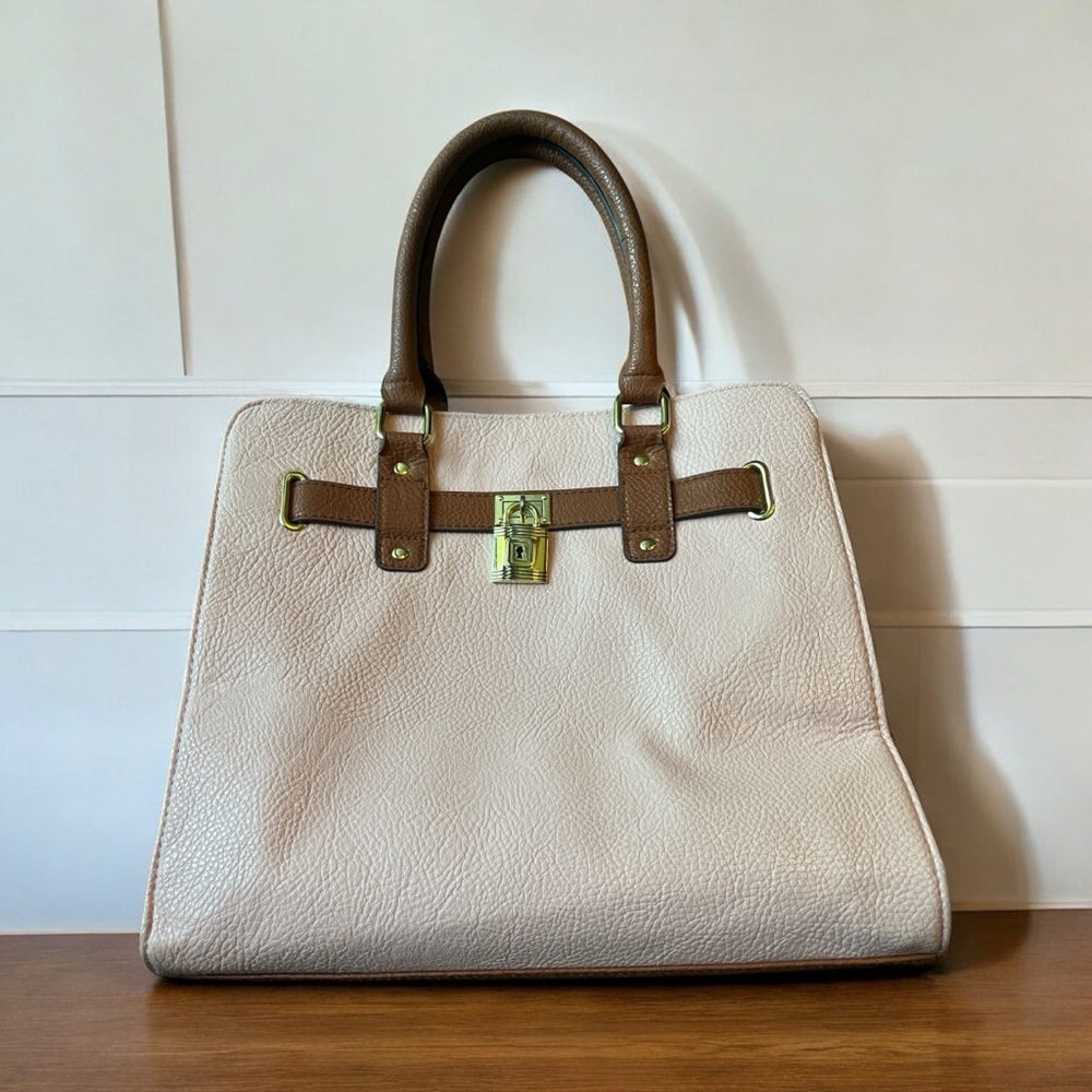 Vegan Leather Brown and Pink Structured Satchel with Double Handles